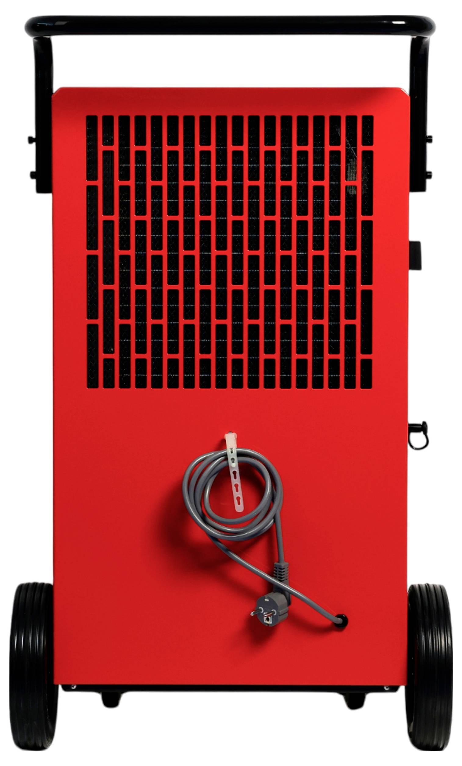 Machine portable rouge avec roues, poignée supérieure, orifices d'aération avant et cordon d'alimentation enroulé sur un fond blanc.
