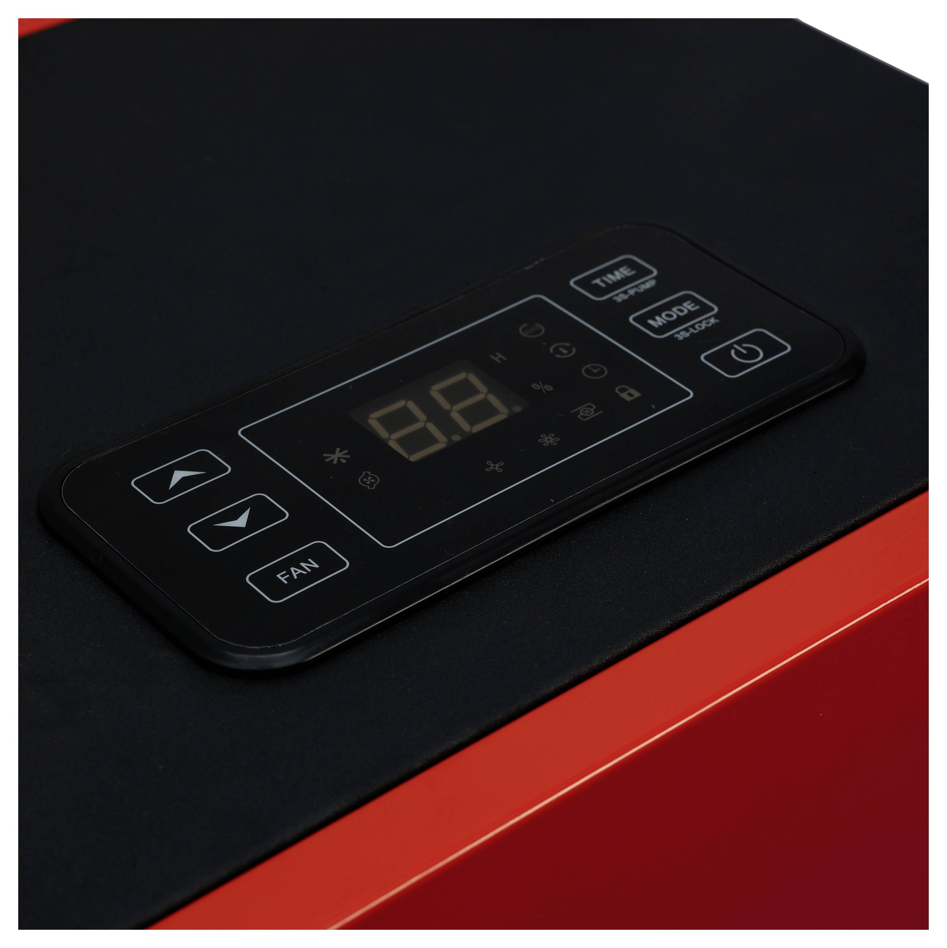Gros plan d'un panneau de commande d'appareil noir avec affichage numérique illuminé et boutons tactiles, incluant les contrôles d'heure, de mode, de ventilateur et d'alimentation.