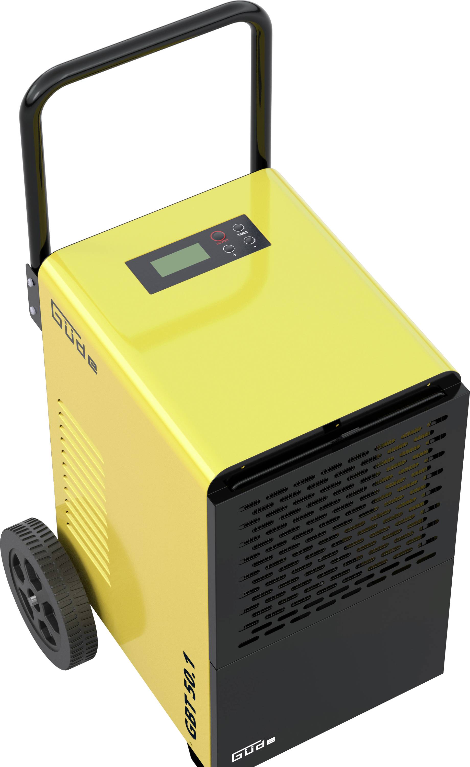 Déshumidificateur portable jaune avec poignée, roues et panneau de commande supérieur, présenté en angle sur un fond blanc.