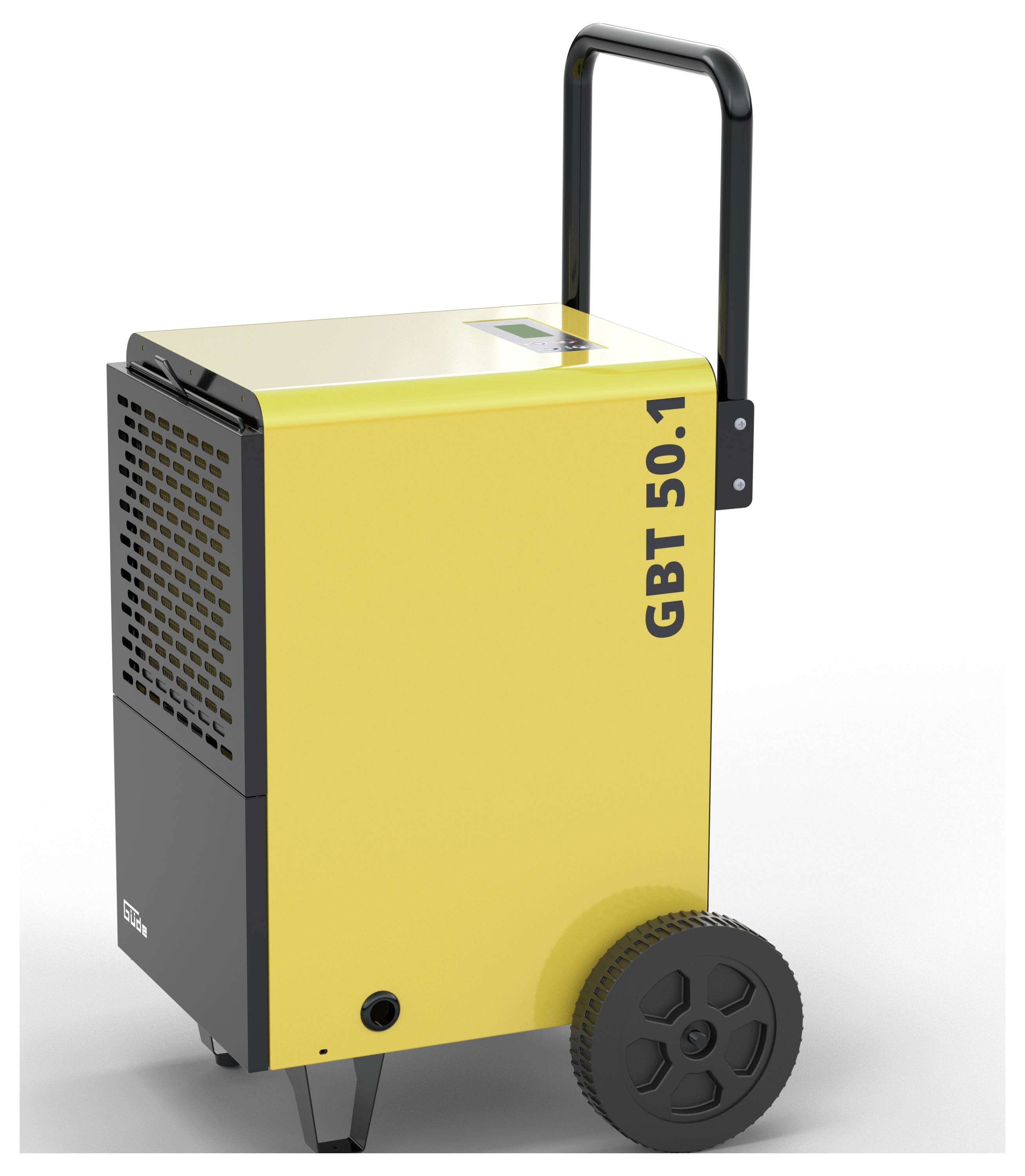 Déshumidificateur portable jaune sur roues avec une poignée noire, étiqueté « GBT 50 », présenté en vue de profil sur fond blanc.
