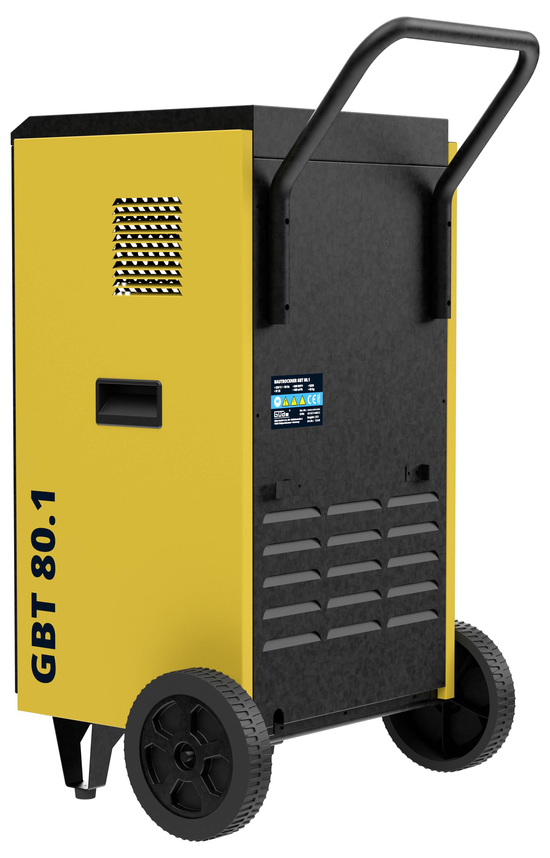 Machine industrielle portative jaune et noire sur roues avec une poignée, portant l'étiquette « GBT 80.1 » sur le côté.
