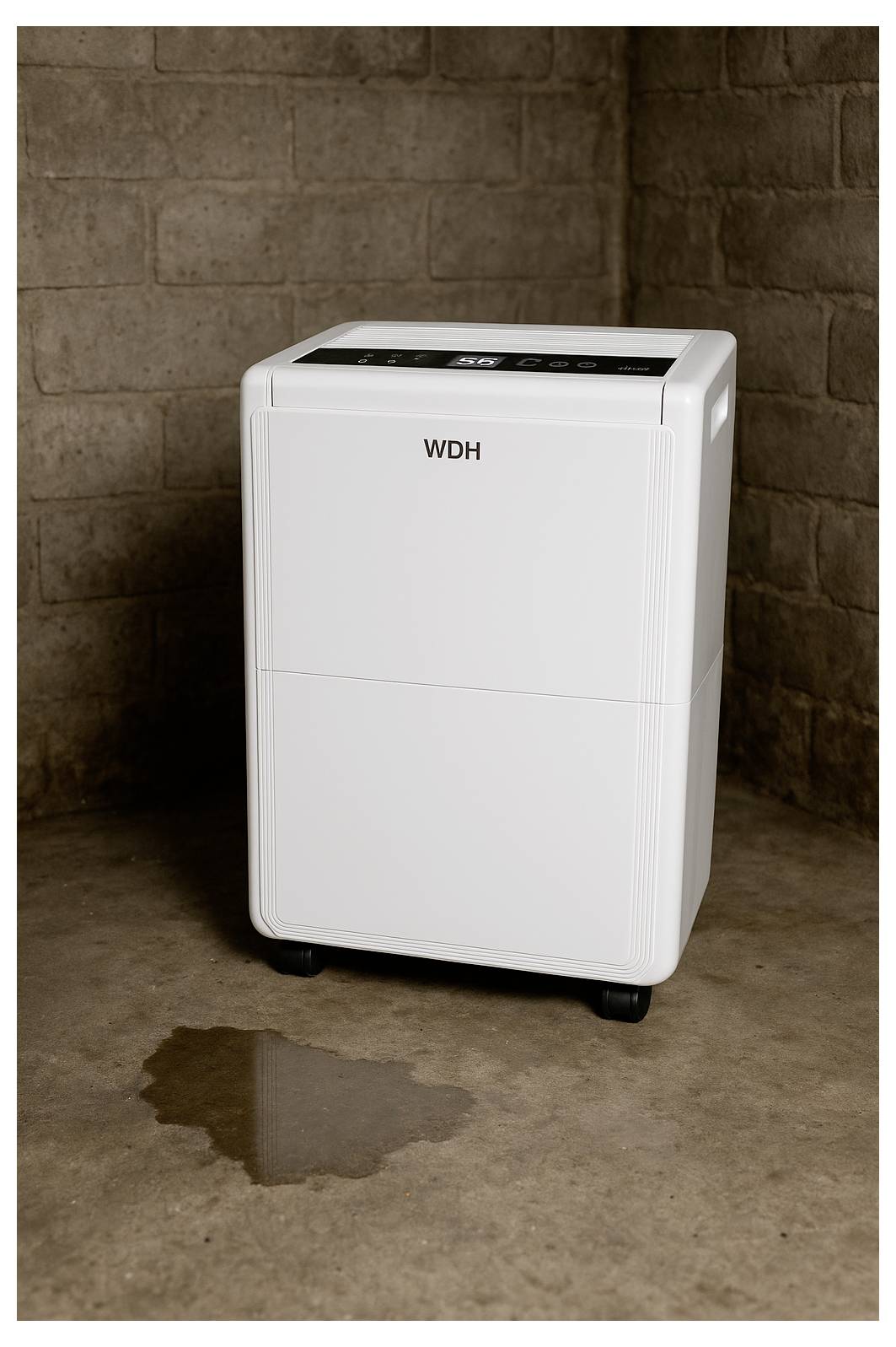 Appareil WDH blanc sur un sol en béton dans un sous-sol, avec une flaque d'eau en dessous, suggérant un déshumidificateur ou un purificateur d'air.
