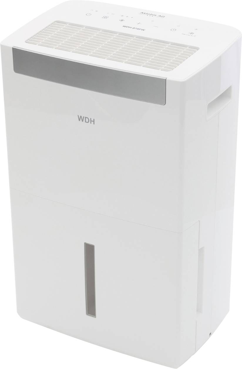 Déshumidificateur blanc rectangulaire étiqueté « WDH » avec des évents supérieurs, une prise d'air avant, et une petite fenêtre de niveau d'eau verticale près du bas.
