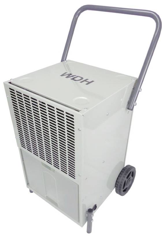Déshumidificateur portable sur roulettes avec une poignée, étiqueté « WDH », présenté sur un fond blanc.