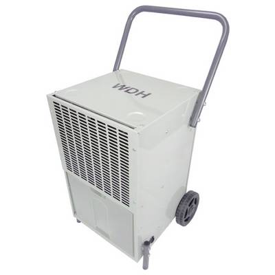 Déshumidificateur portable sur roulettes avec une poignée, étiqueté « WDH », présenté sur un fond blanc.