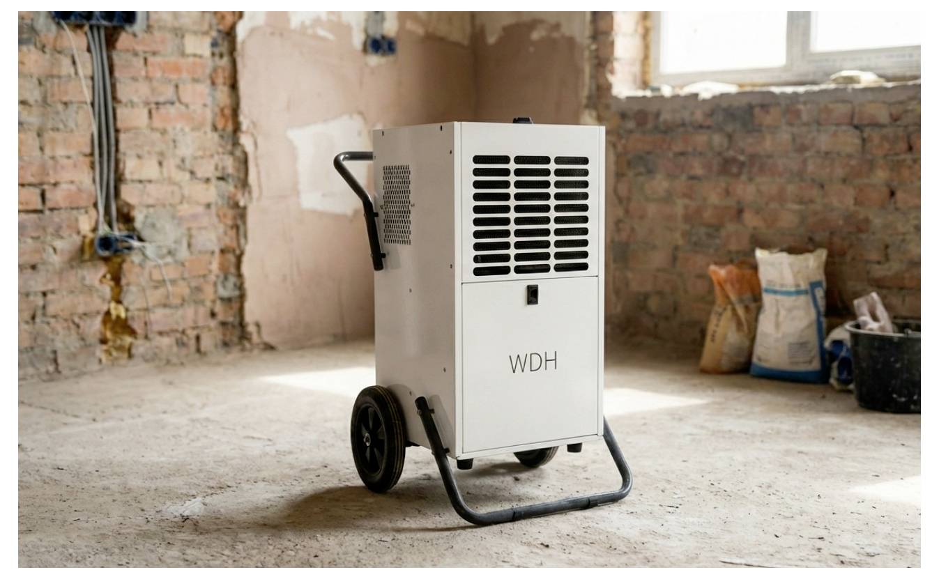 Déshumidificateur portable étiqueté « WDH » sur un chariot dans une pièce brute inachevée en rénovation.