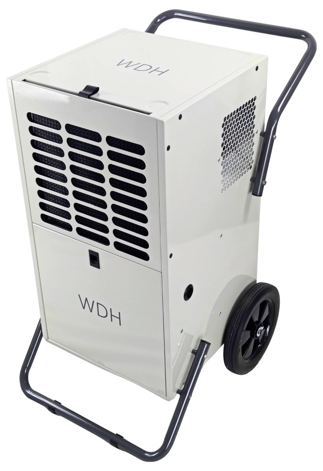Déshumidificateur portable sur un châssis métallique à roulettes, armoire blanche étiquetée « WDH » avec des évents avant et une grille latérale.