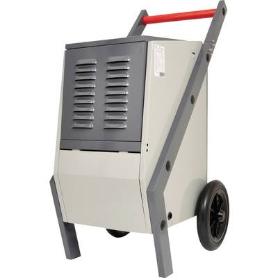 Ventilateur ou souffleur d'air industriel portable sur un chariot à roues avec une poignée rouge et un panneau avant aéré.