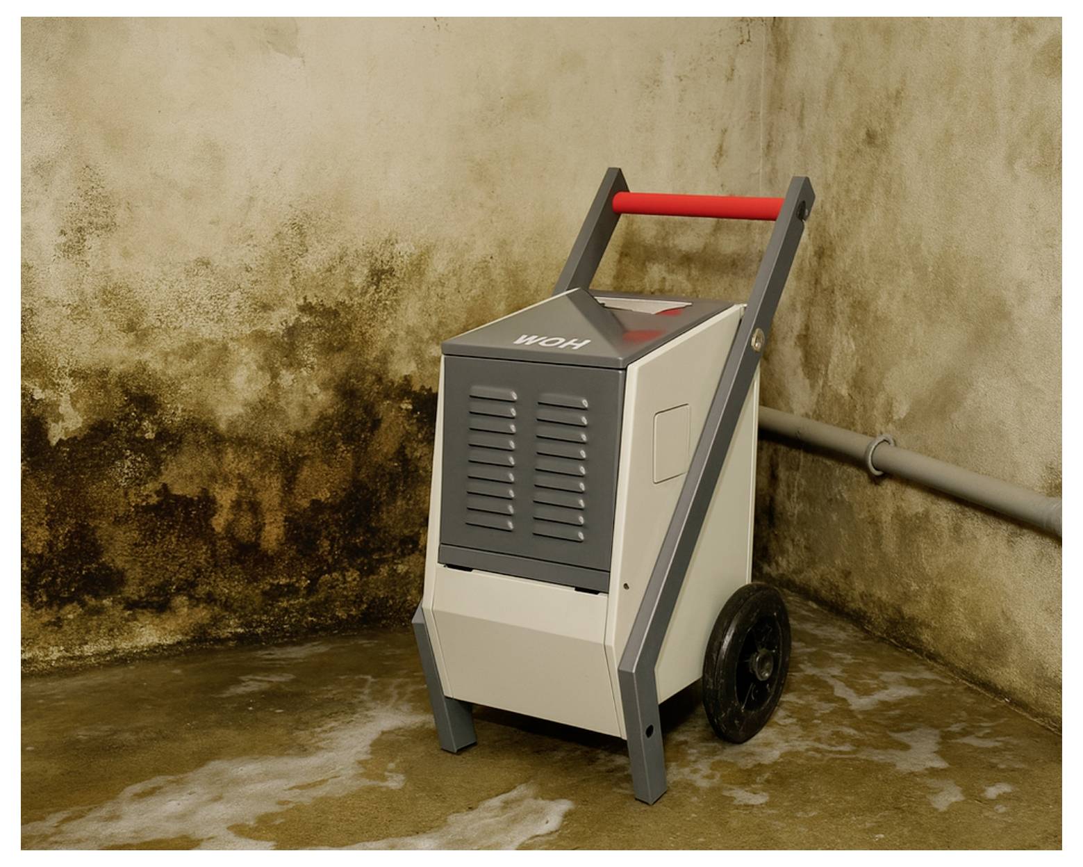 Déshumidificateur portable ou machine de séchage industrielle sur un châssis à roulettes dans un coin de sous-sol humide et taché de moisissure.