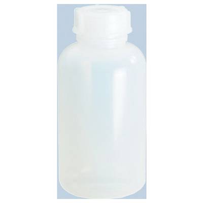 Bouteille en plastique blanc uni avec un bouchon à vis sur un fond bleu clair.