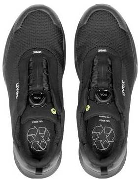 Paire de chaussures de sport noires avec des logos en matériaux recyclés, vue de dessus sur un fond blanc.
