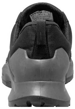 Vue arrière d'une chaussure de sport noire avec une semelle grise épaisse et un support de talon sur un fond blanc.