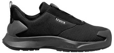 Chaussure de sécurité noire basse avec bout renforcé et empeigne texturée, présentée en vue de profil sur fond blanc.