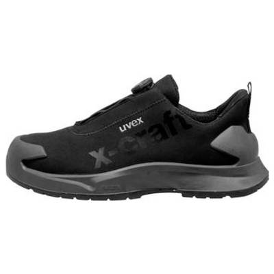 Chaussure de sécurité noire basse avec semelle grise et marquage « uvex » et « x-safed » sur le côté.