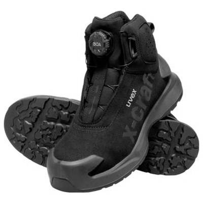 Bottes de travail Uvex noires avec fermeture à cadran BOA et semelles antidérapantes robustes, présentées sur un fond blanc.