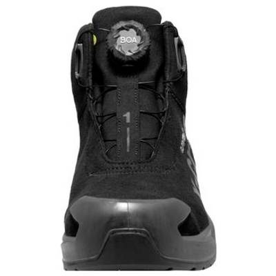 Botte de travail montante noire avec laçage à cadran BOA, vue de face sur fond blanc.