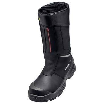 Botte d'hiver imperméable noire avec un haut isolé, une semelle robuste et des détails d'accent rouge sur un fond blanc