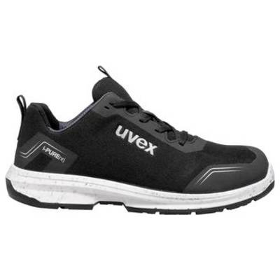 Sneaker de sécurité Uvex noir avec semelle blanche, logo 'uvex' sur le côté, et marquage 'PURENRI' près du talon.