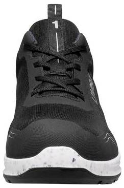 Vue de face d'une chaussure de course sportive noire avec une semelle à motifs blancs pointillés et un col fermé par lacets, présentée sur un fond neutre.