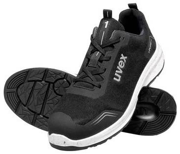 Chaussure de sécurité athlétique noire uvex avec semelle blanche, présentée de vue latérale et vue de la semelle sur fond blanc.