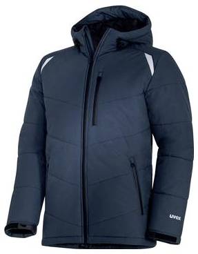 Veste d'hiver bleu marine à capuche avec fermeture éclair, garniture noire et détails réfléchissants aux épaules, présentée sur un fond blanc uni.