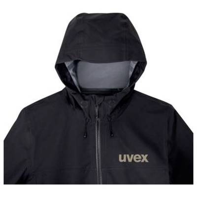 Veste UVEX à capuche noire avec fermeture éclair avant, présentée sur un fond blanc uni.