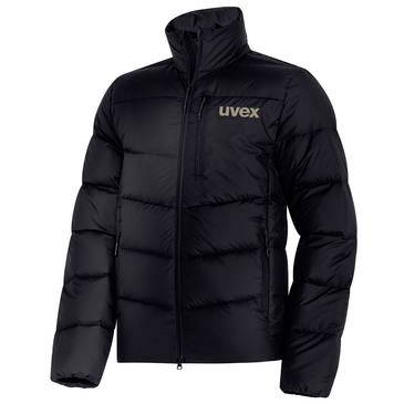 Veste matelassée noire avec fermeture éclair et logo « uvex » sur la poitrine, présentée de face sur un fond blanc.