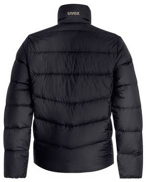Vue arrière d'une veste matelassée noire uvex avec col haut et manches longues sur fond blanc.