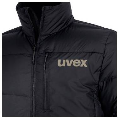 Veste noire zippée avec col haut et logo « uvex » sur la poitrine.