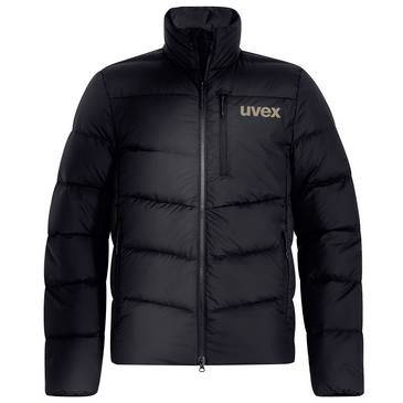 Veste matelassée noire de type doudoune avec un col montant et le logo « uvex » sur la poitrine, présentée de face sur un fond blanc.