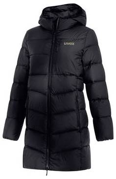 Manteau matelassé noir à capuche avec fermeture éclair frontale et logo « uvex » sur la poitrine, présenté sur fond blanc.