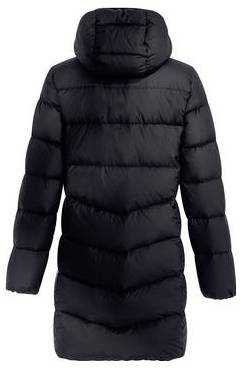 Manteau puffer noir à capuche avec manches longues et design matelassé isolant, montré en vue de face sur fond blanc.