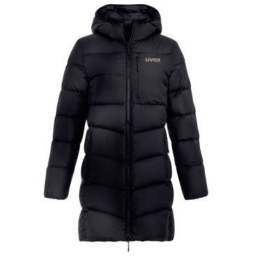Manteau matelassé noir à capuche avec fermeture éclair frontale et logo 'uvex' sur la poitrine, présenté sur fond blanc.