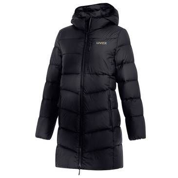Manteau matelassé noir à capuche avec fermeture éclair avant et logo « uvex » sur la poitrine, présenté isolé sur fond blanc.