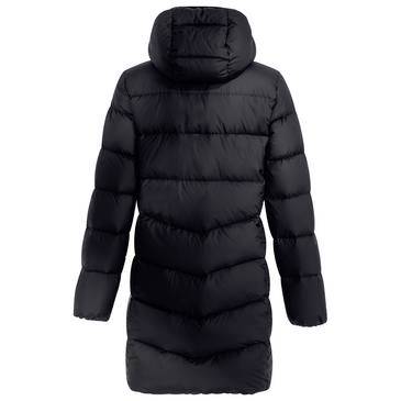Manteau matelassé ouatiné à capuche noire présenté en vue de face sur un fond blanc uni.