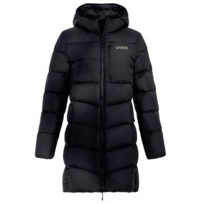 Manteau matelassé noir à capuche avec fermeture éclair frontale et logo « uvex » sur la poitrine, présenté sur un fond blanc uni.