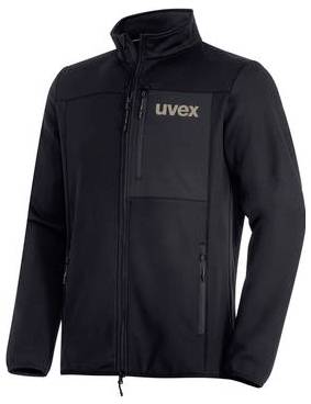 Blouson noir avec fermeture éclair et col montant avec le logo « uvex » sur la poitrine, présenté de face sur fond blanc.