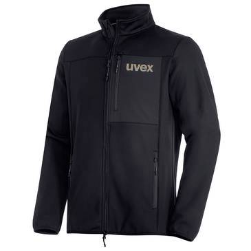 Veste UVEX noire zippée avec col haut et logo poitrine, présentée sur un fond blanc.