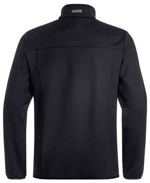 Veste noire à manches longues vue de dos, avec un col haut étiqueté « uvex ».