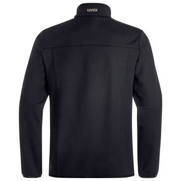 Vue arrière d'une veste UVEX noire à fermeture éclair avec col montant, présentée sur un fond blanc uni.