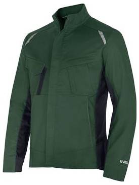 Veste zippée à manches longues vert foncé avec panneaux latéraux noirs, col montant et poches poitrine et manches, présentée sur un fond blanc uni.