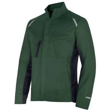 Veste de randonnée vert foncé à manches longues avec col haut, poche poitrine et panneaux latéraux noirs sur fond blanc.