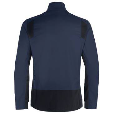 Veste de sport à fermeture éclair et col montant de couleur marine avec des panneaux noirs aux épaules et au bas du dos, photographiée de dos sur un fond neutre.