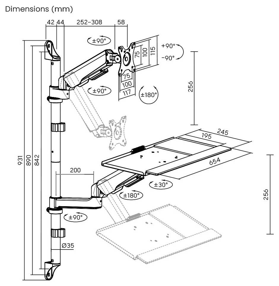 Diagramme technique des dimensions d'un support mural pivotant pour moniteur/téléviseur sur pied, montrant les articulations de bras, les angles d'inclinaison/rotation et les mesures de la plaque VESA et de la taille d'écran en mm.