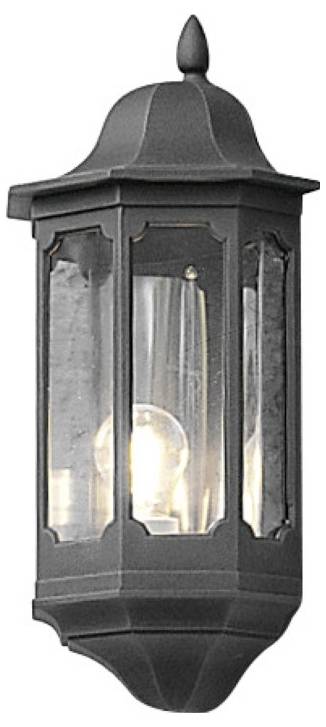Lanterne murale extérieure noire avec panneaux de verre et une ampoule visible à l'intérieur, présentée sur un fond blanc.