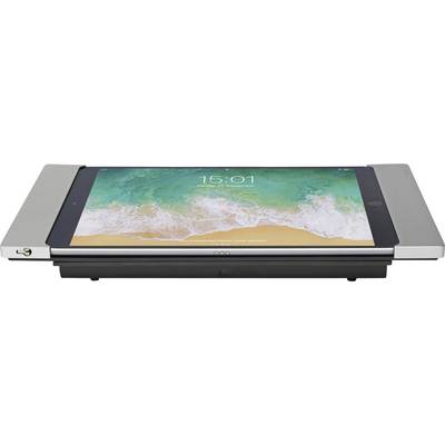 Socle de périphérique portable maintenant une tablette avec un fond d'écran de plage, présenté au centre dans un support à serrage latéral gris.