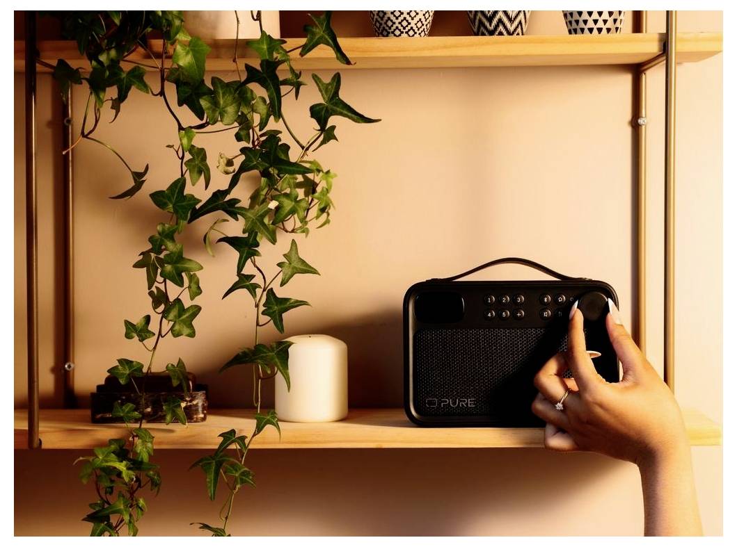 Une main tourne le bouton d'une radio portative noire posée sur une étagère en bois à côté d'une plante en pot retombante.