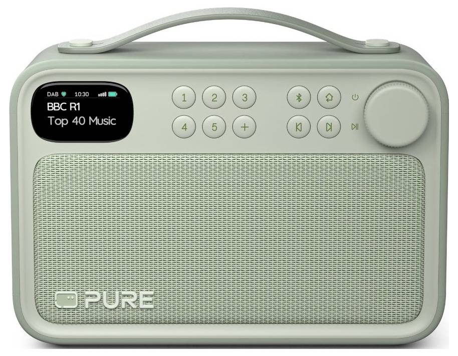 Vue de face d'une radio portable PURE vert menthe avec poignée de transport, affichage affichant « BBC R1 Top 40 Music », boutons de présélection et grande grille de haut-parleur.