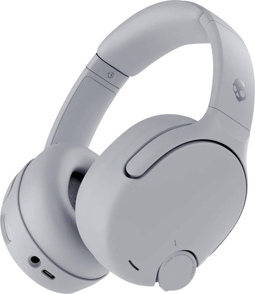 Casque sans fil gris supra-auriculaire avec serre-tête ajustable, coussinets auriculaires et commandes intégrées présenté sur un fond blanc.