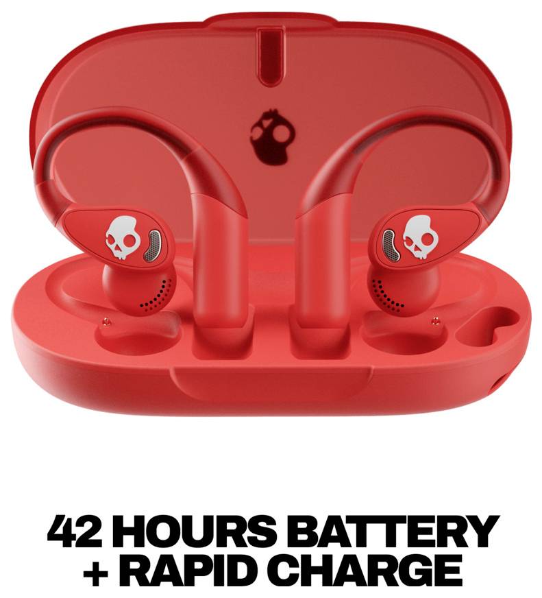 Écouteurs sans fil rouges dans un étui de charge ouvert avec des logos de crâne, présentés au-dessus du texte « 42 HEURES D'AUTONOMIE DE LA BATTERIE + CHARGE RAPIDE ».